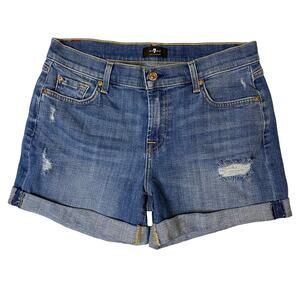 7 For All Mankind FAM Women's 30 Mid Roll Shorts Broken Twill Denim Vanity Wash